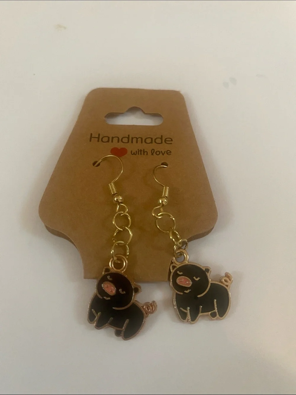 Handmade Black Pig Dangle Earrings for Kids with Gold Accents